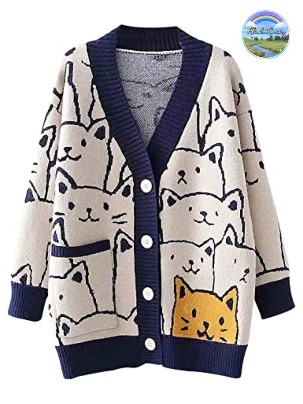 Oversized Cat Print V-Neck Cardigan Kawaii Knit Long Sleeve Loose Sweater with